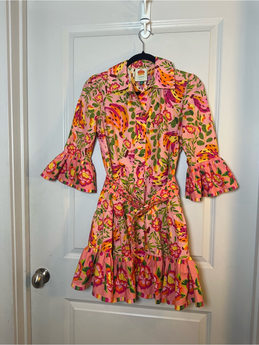 FARM RIO Painted Bananas Organic Cotton Ruffle Belted Mini Dress - Size XS - Picture 12 of 13
